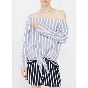 NWT Mango Striped Bardi2 Blouse Women's Size S Blue Off-The-Shoulder Tie Front